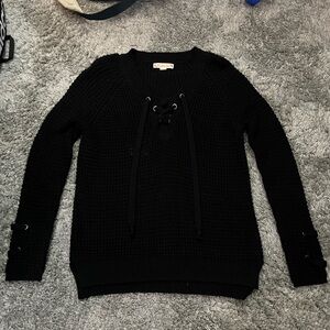 It's Our Time Black V-Neck Sweater with Lace-Up Detail